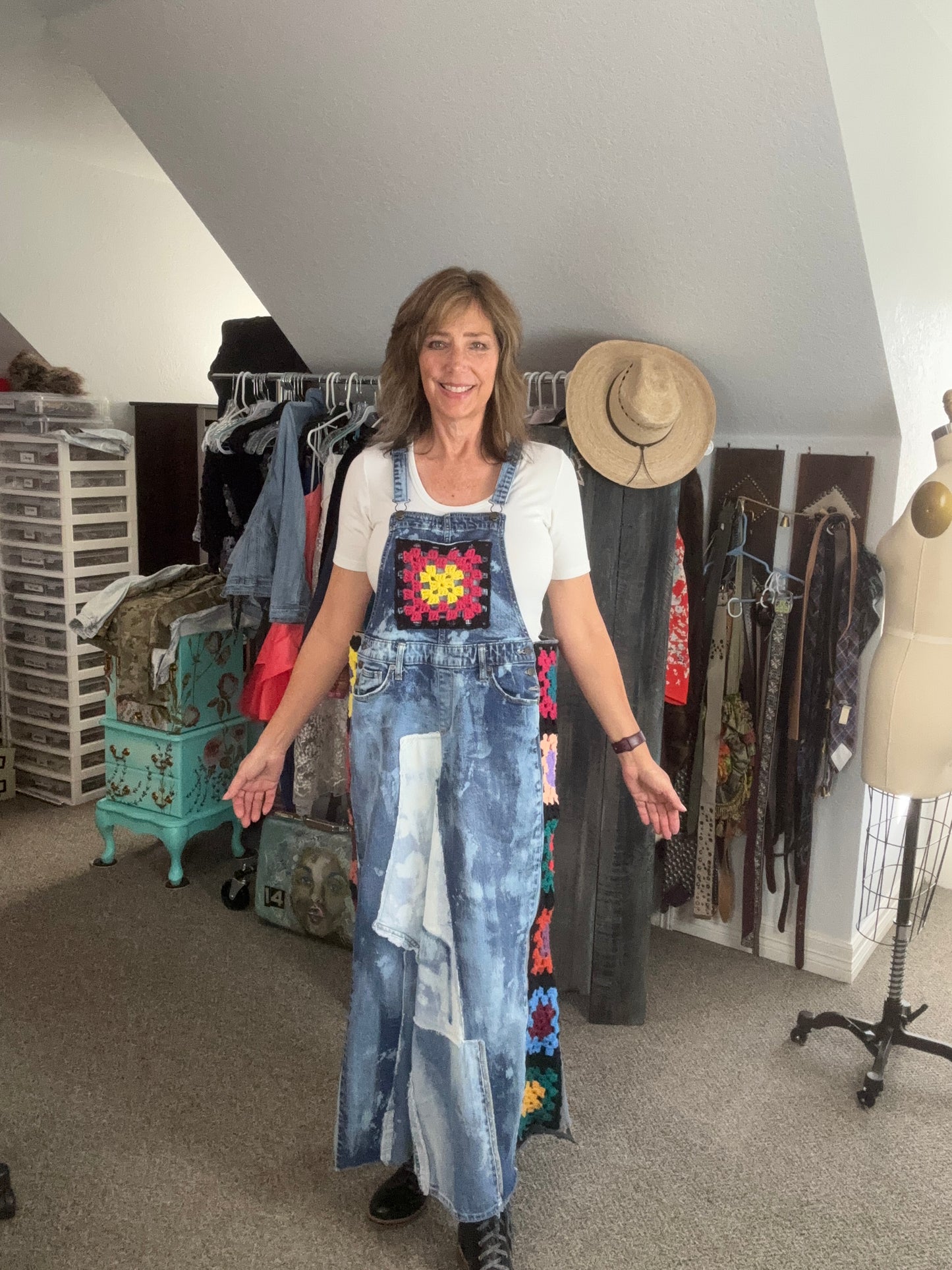Up-Cycled Denim Over-Alls with Vintage Granny Square Art Size Large/X-tra Large