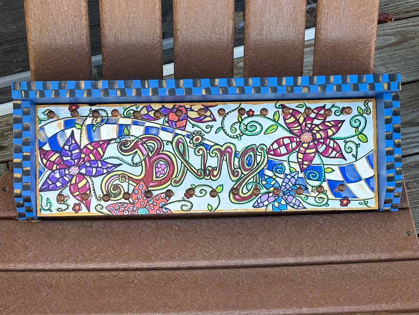 Jewelry Hanger, Hand Painted, Bohemian, Blue and Multi Color BLING Sign