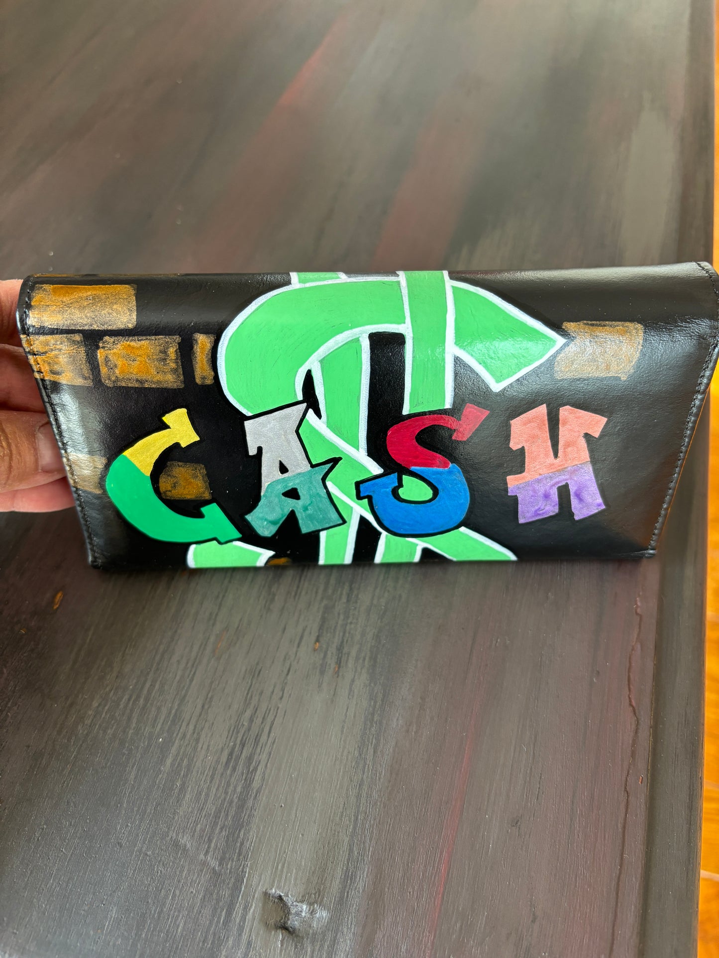 Wallet, Ladies, Black and Graffiti, Hand Painted, Leather Wallet