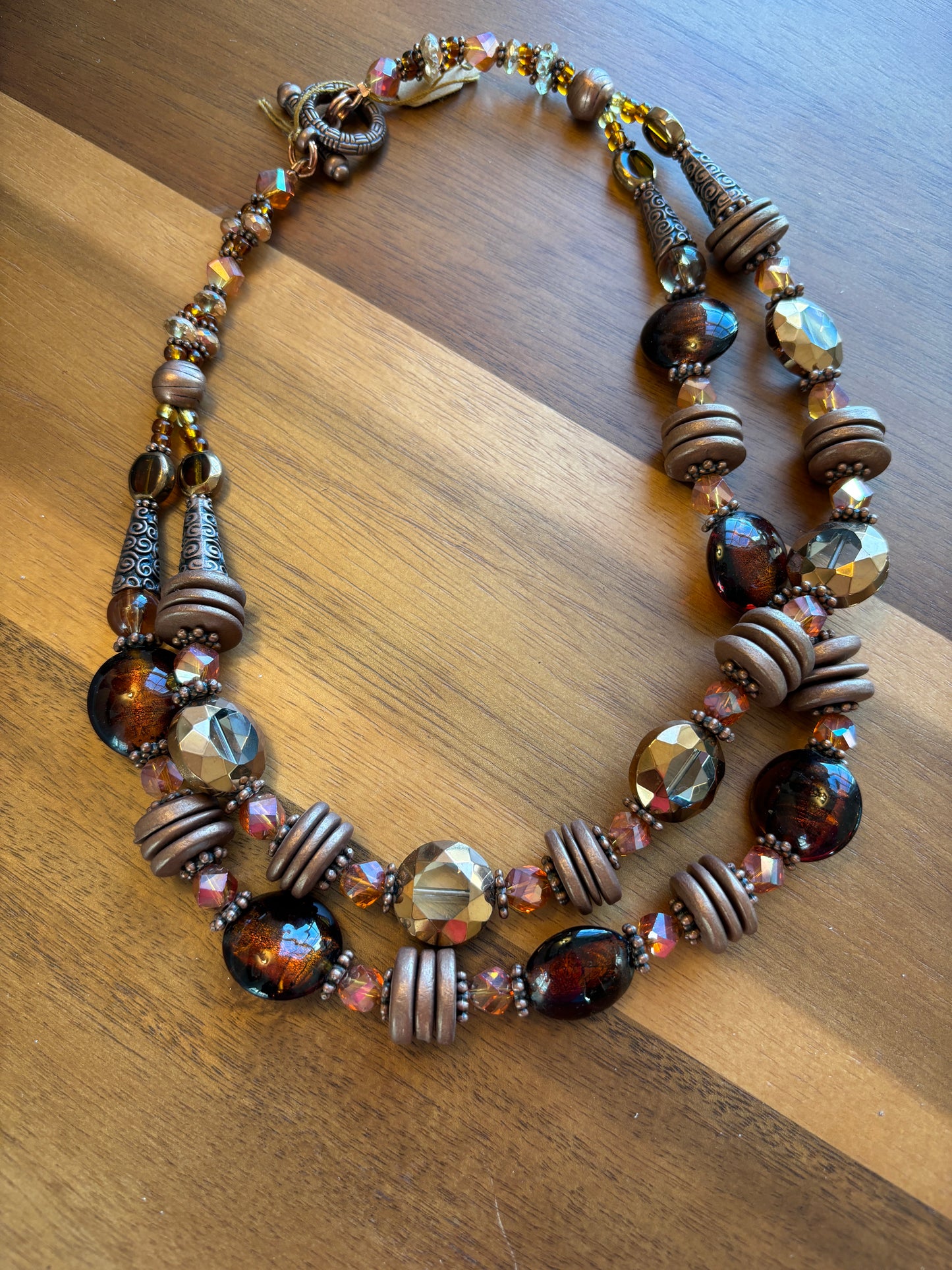 Fire and Ice Double Strand Layered Bib Necklace 19", Amber Glass, Copper and Wood, SALE!