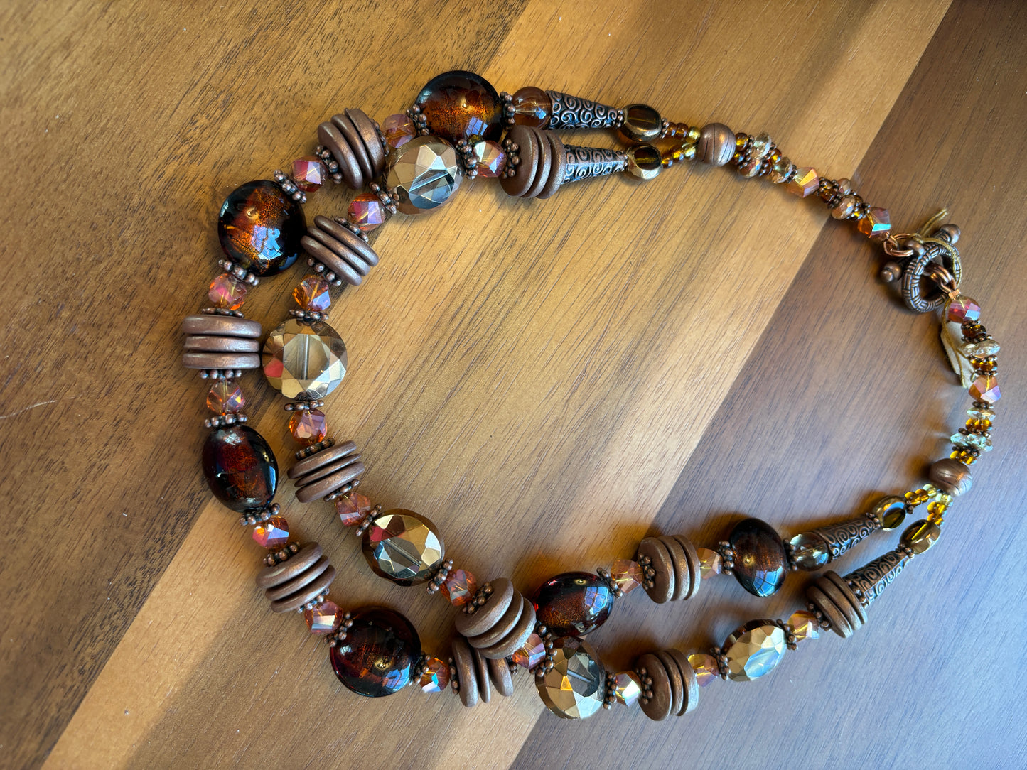 Fire and Ice Double Strand Layered Bib Necklace 19", Amber Glass, Copper and Wood, SALE!