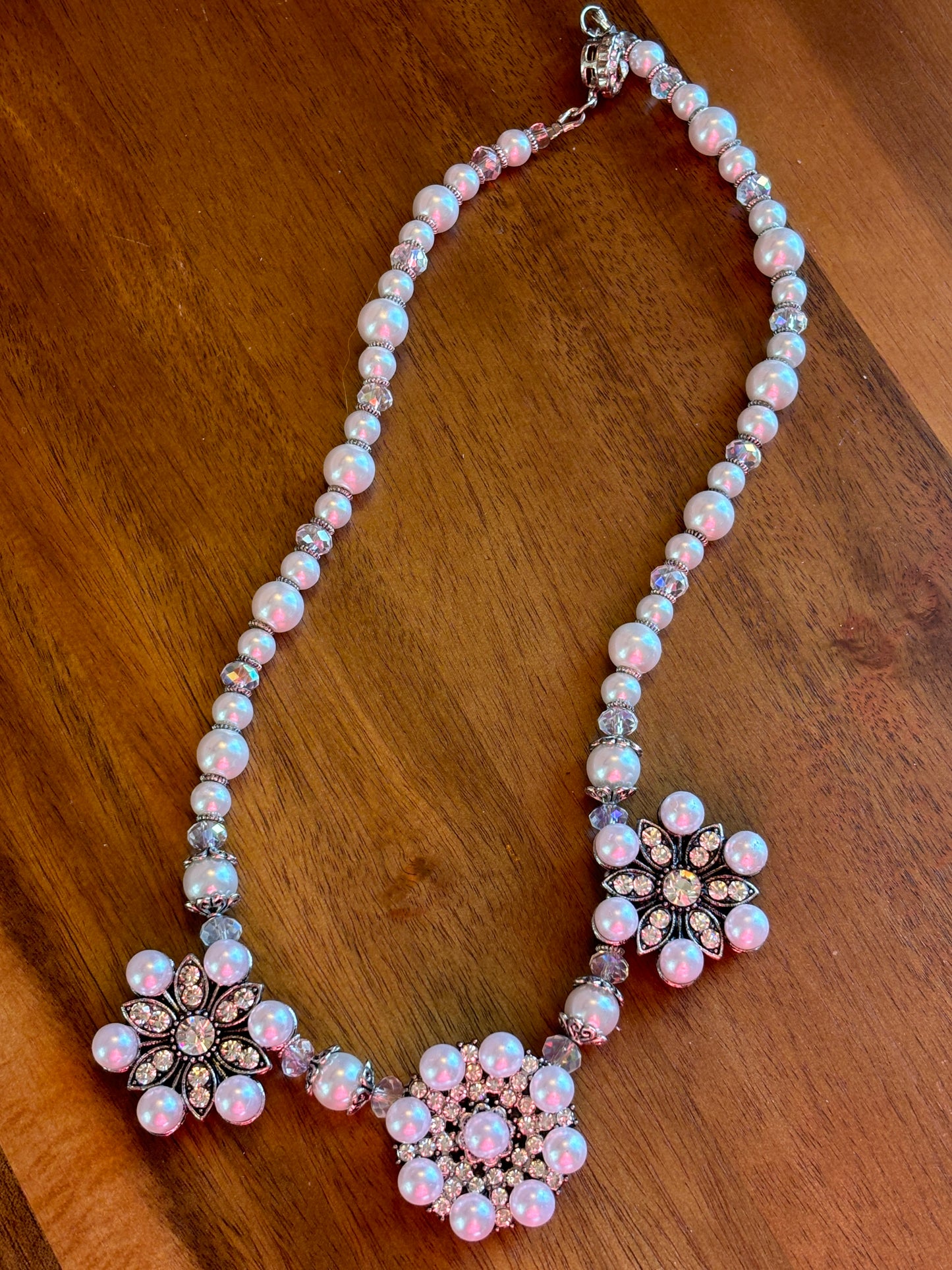 Floral White Pearl and Crystal Necklace 3 Pendant Flowers, SALE!