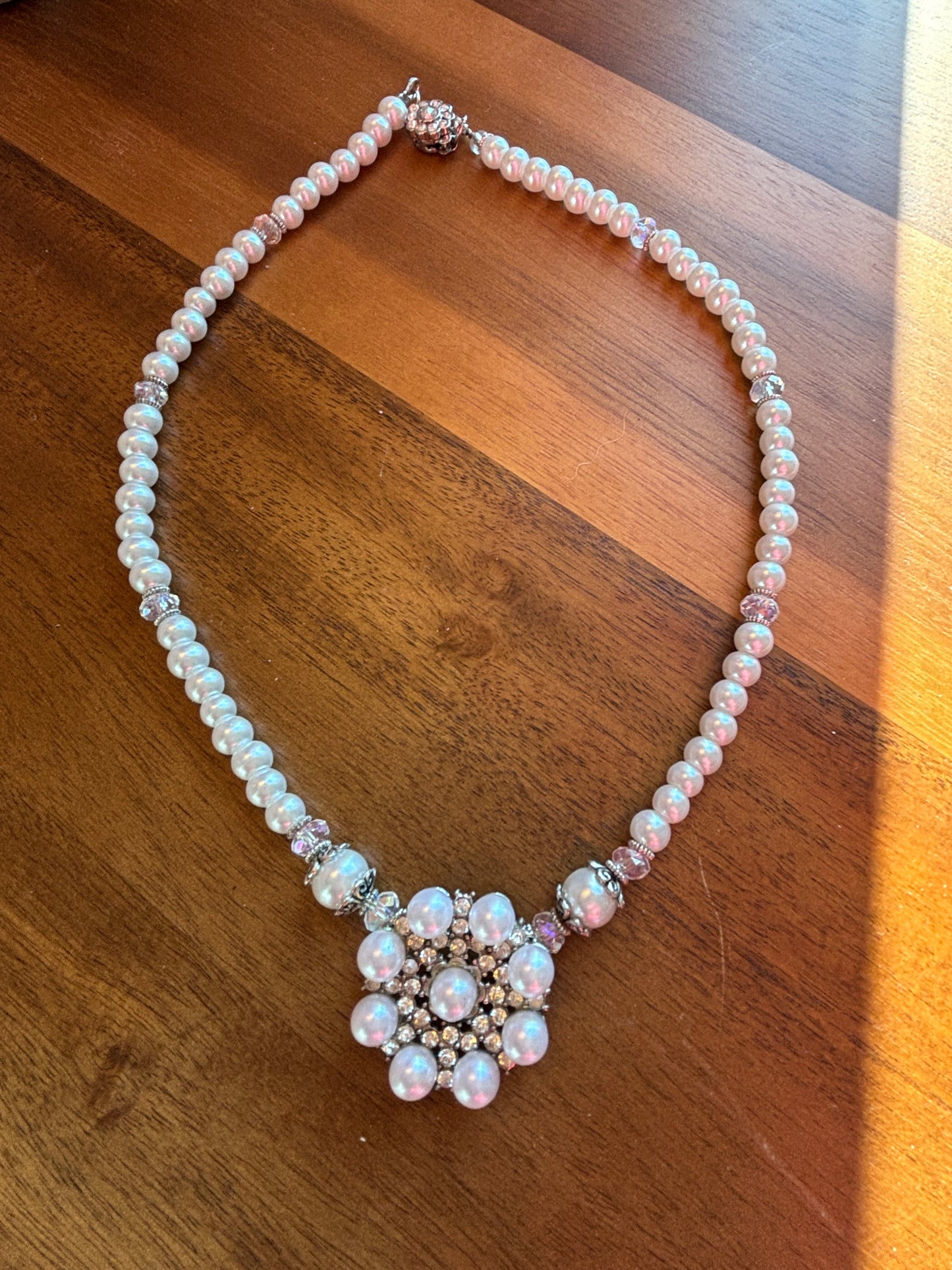 Floral White Pearl and Crystal Necklace, SALE