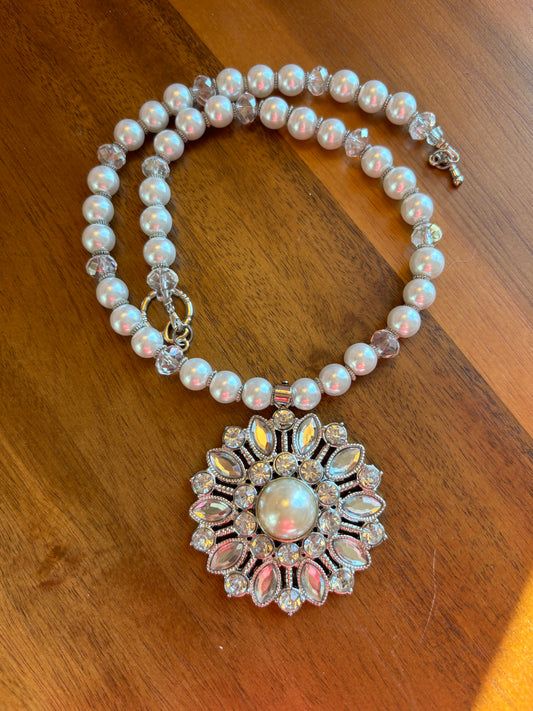 Floral White Pearl and Crystal Necklace 2" Flower Pendant, SALE!