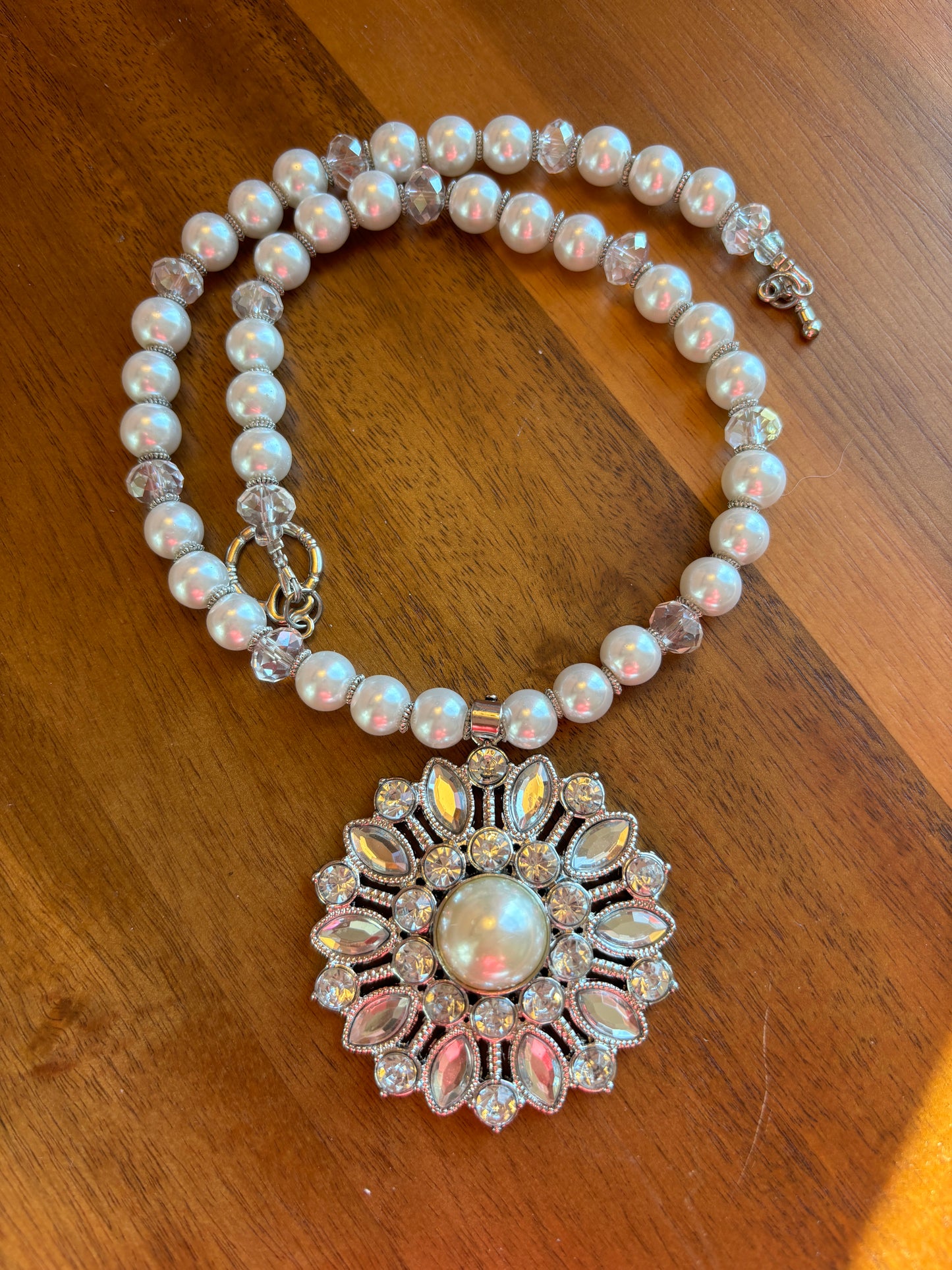Floral White Pearl and Crystal Necklace 2" Flower Pendant, SALE!