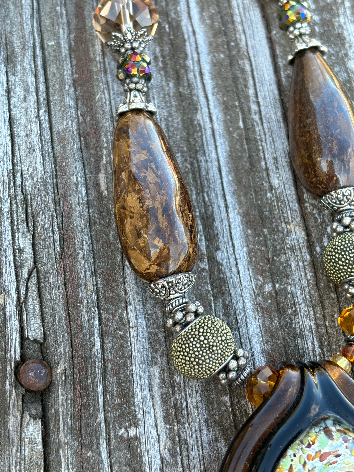 Chunky Gemstone Necklace, Lampwork Glass Pendant, 20", Toggle Clasp, SALE!