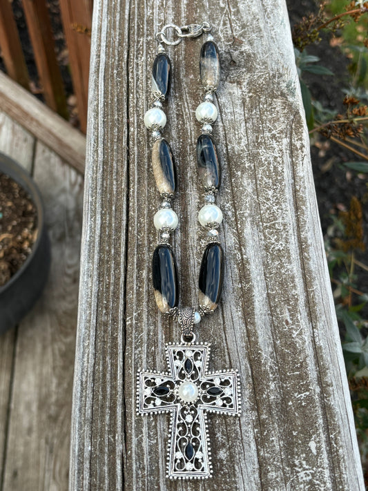 Chunky Cross and gemstone Necklace, Black and White Agate, Faux Pearls, SALE!