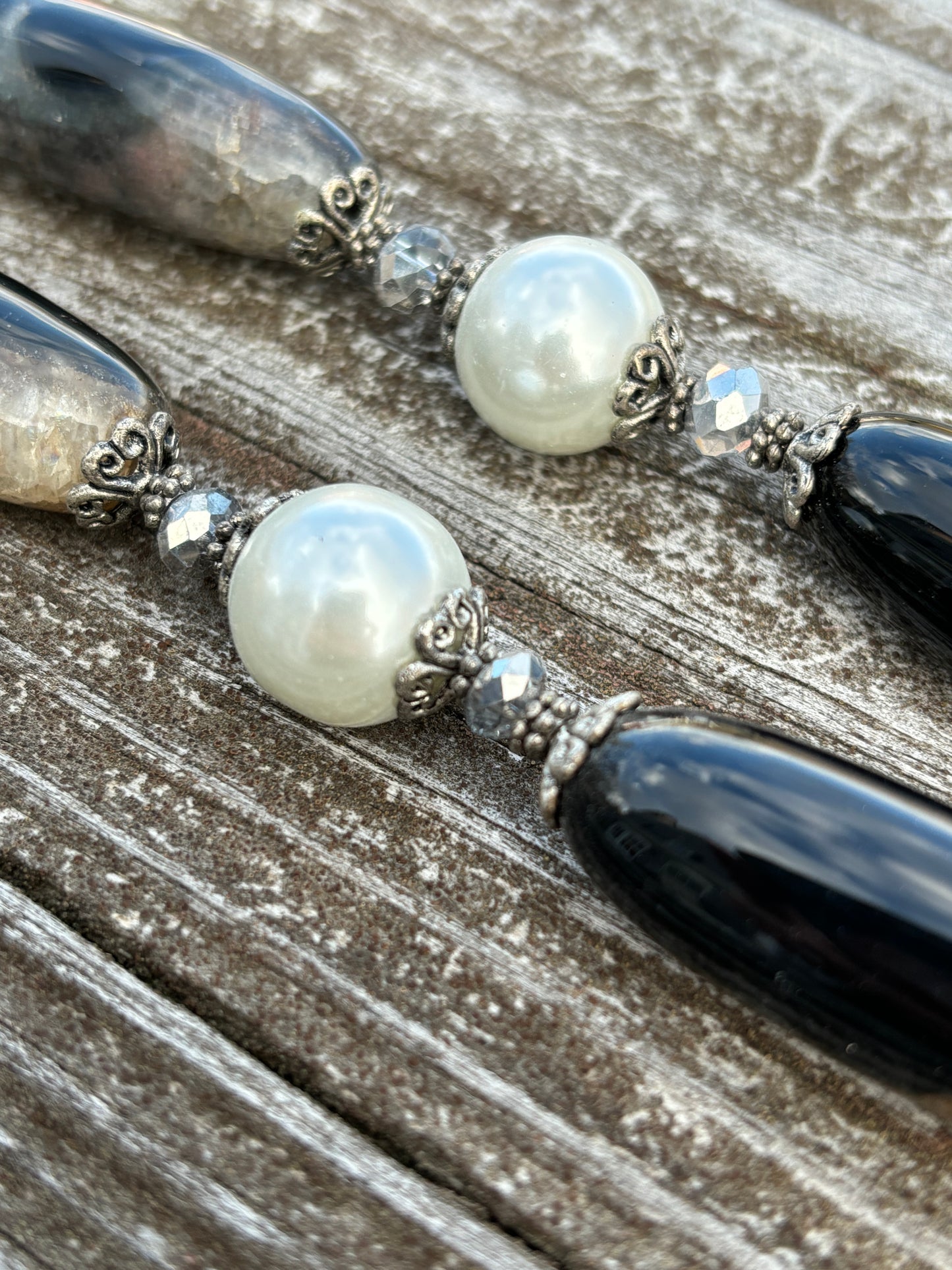 Chunky Cross and gemstone Necklace, Black and White Agate, Faux Pearls, SALE!