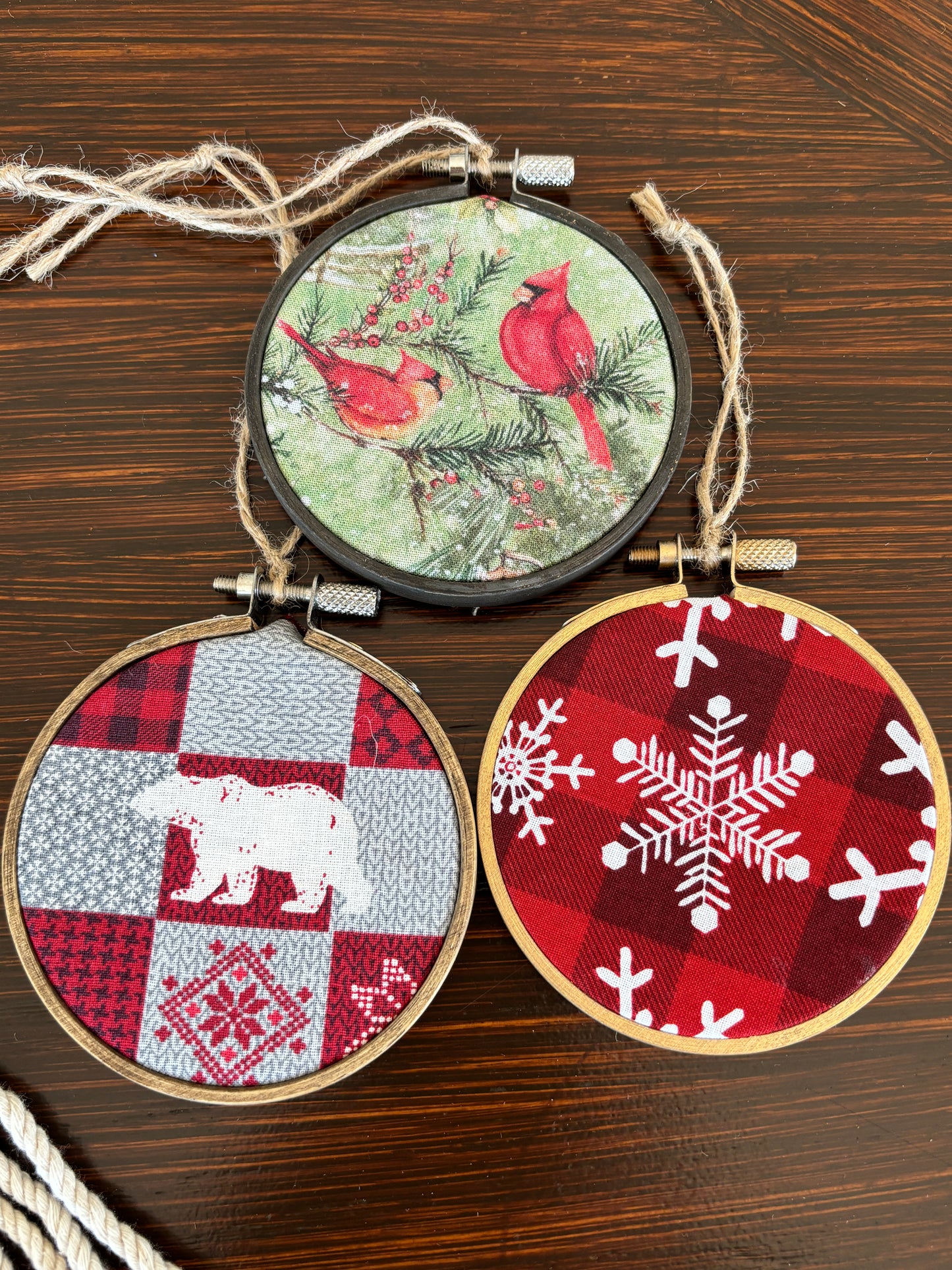 Set of 3 Rustic Fabric and Wood Handmade Christmas Ornaments, Cardinals-Bear-Snowflake