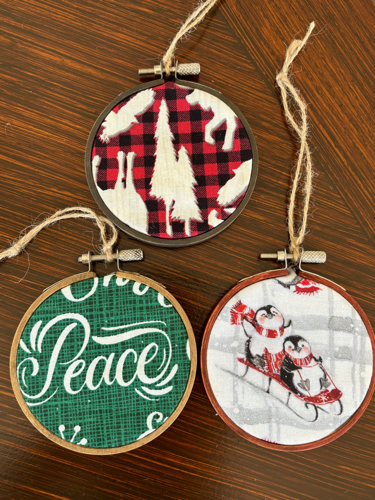 Set of 3 Rustic Fabric and Wood Handmade Christmas Ornaments, Peace-Trees-Penguins