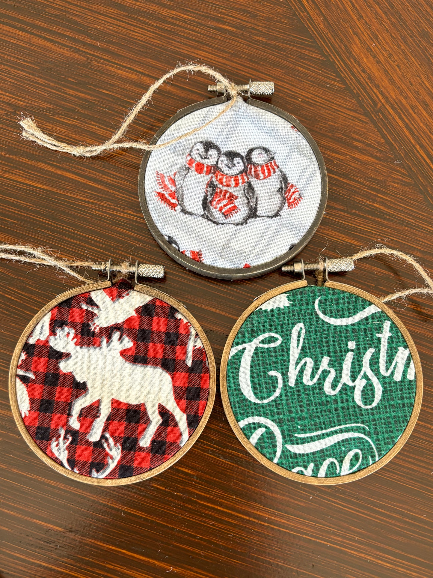 Set of 3 Rustic Fabric and Wood Handmade Christmas Ornaments, Moose, Christ and Penguins