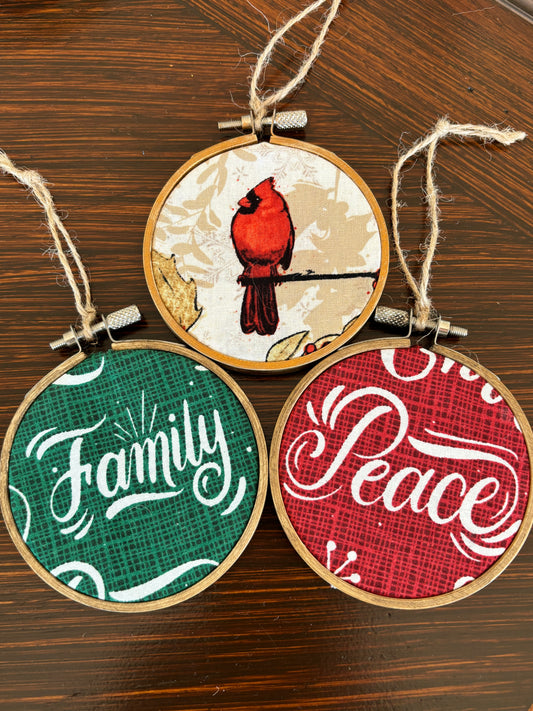 Set of 3 Rustic Fabric and Wood Handmade Christmas Ornaments, Family-Peace-Cardinal