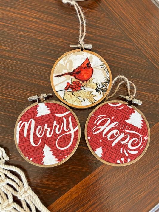 Set of 3 Rustic Fabric and Wood Handmade Christmas Ornaments, Merry-Hope-Cardinal