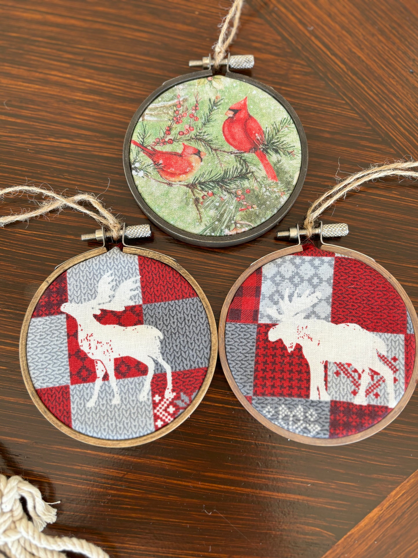 Set of 3 Rustic Fabric and Wood Handmade Christmas Ornaments, Vintage, Retro, Holiday, Cabin decor