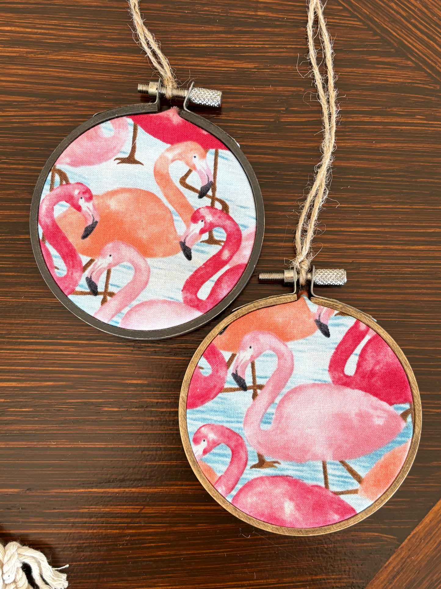 Set of 2 Flamingo Rustic Christmas Ornaments, Handmade