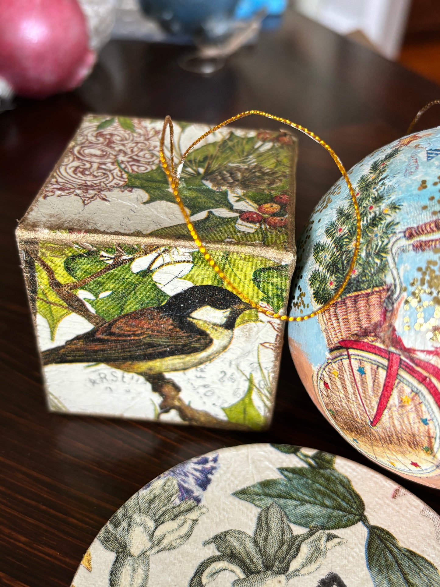 Set of 7 Rustic Decoupage Handmade Christmas Ornaments, Vintage Cabin Style