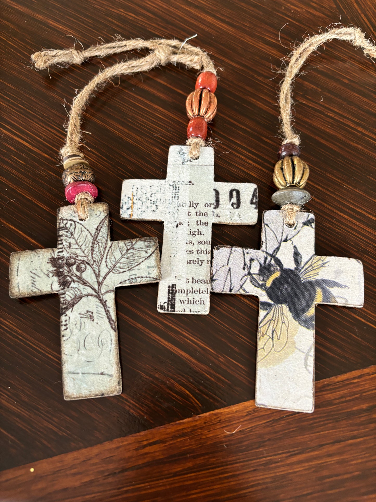 Set of 3 Rustic Crosses, Decoupaged Wood Handmade Christmas Ornaments, Bee-Olives-Typography