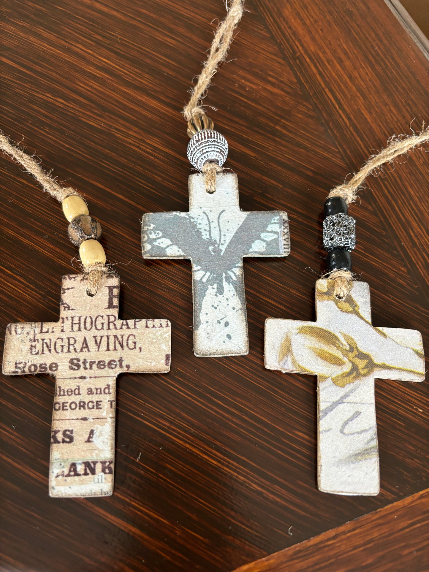 Set of 3 Rustic Crosses, Decoupaged Wood Handmade Christmas Ornaments, Typography-Butterfly-Floral