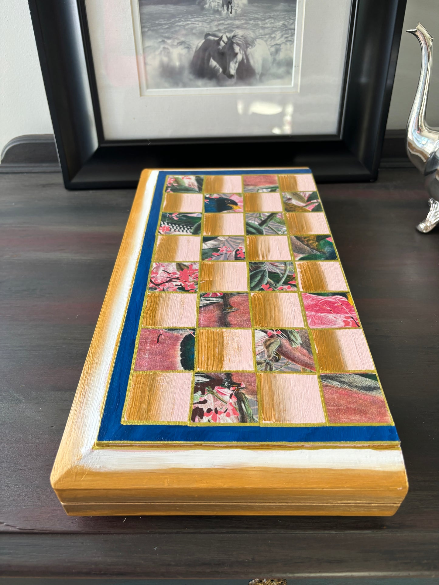 Chess Board, Pink, Blue, Up-Cyled, Gifts for Her, Hand Painted, One of a Kind