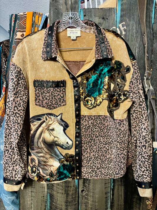 Up-Cycled Denim Cheetah Print Jacket, Horse and Rose Applique, Black Fringe, Size MED