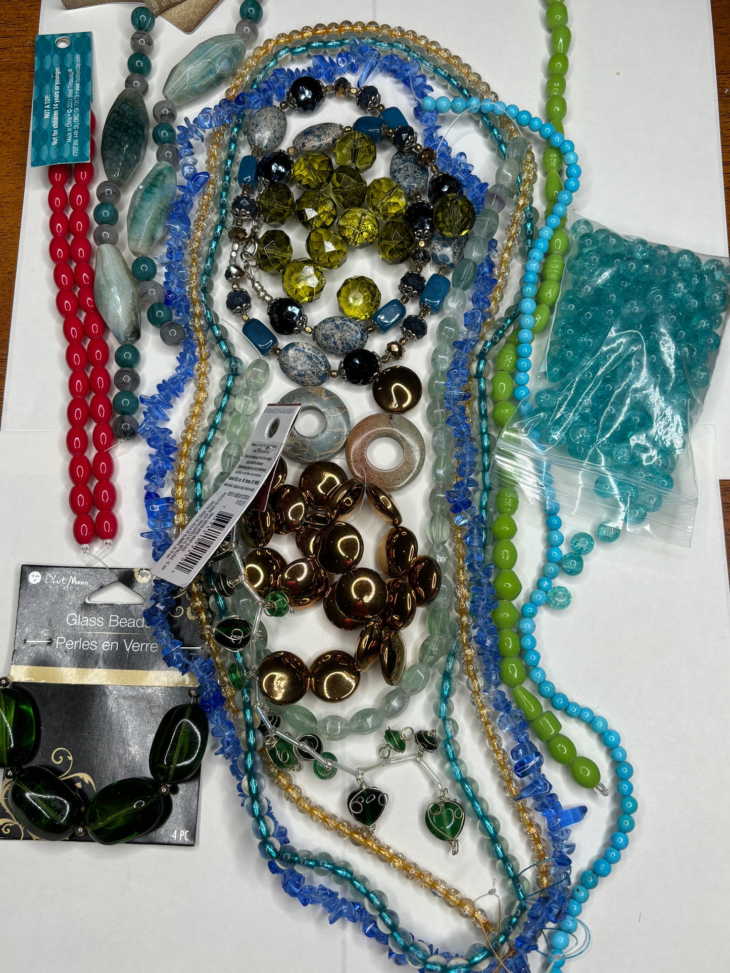 Grab Bag Glass Beads with 1 Flourite Gem Strand, 1 Pound 13 Ounces Bead Mix