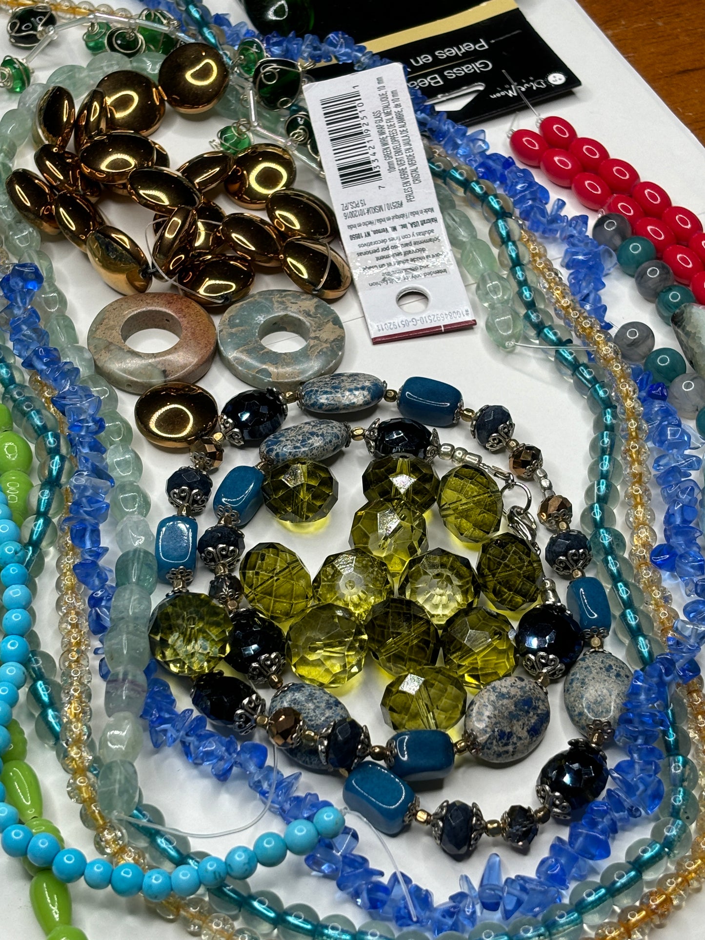 Grab Bag Glass Beads with 1 Flourite Gem Strand, 1 Pound 13 Ounces Bead Mix