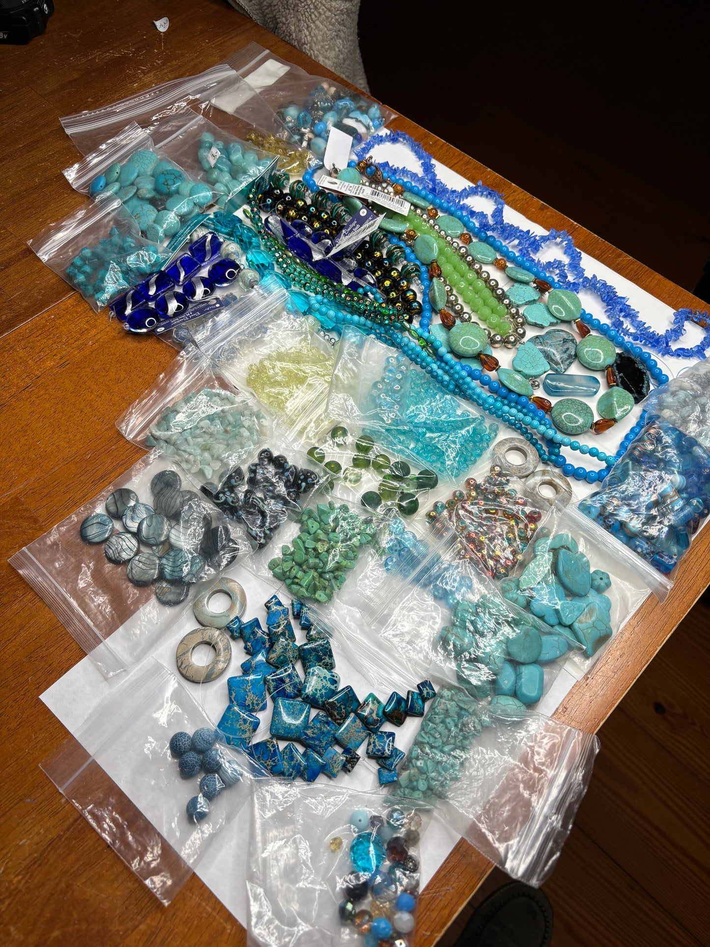 HUGE LOT 4.6 Pounds, Blue and Green Mix Glass and Natural Stone Beads, Grab Bag