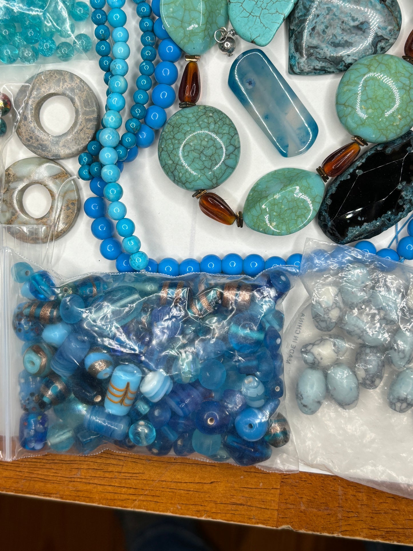 HUGE LOT 4.6 Pounds, Blue and Green Mix Glass and Natural Stone Beads, Grab Bag