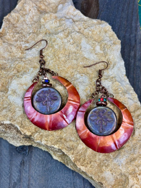 Rustic Hand Crafted Copper and Glass Earrings, Purple Dragonfly Centerpiece