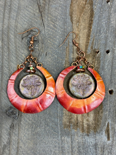Rustic Hand Crafted Copper and Glass Earrings, Purple Dragonfly Centerpiece