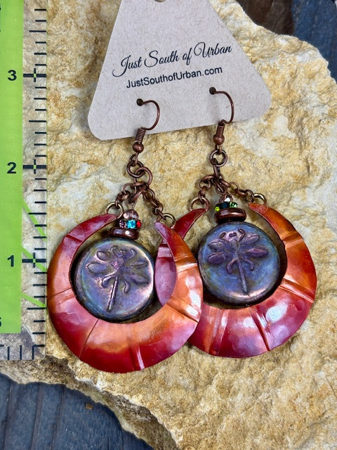 Rustic Hand Crafted Copper and Glass Earrings, Purple Dragonfly Centerpiece