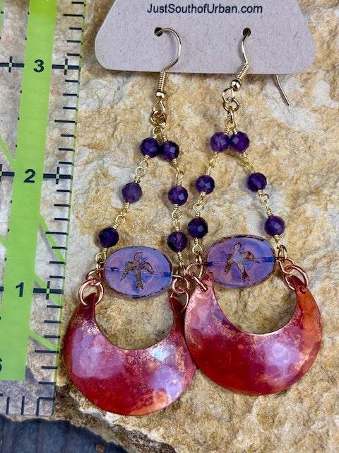 Smooth Copper Crescent Earrings with Faceted Amethyst and Czech Glass Bird Centerpiece