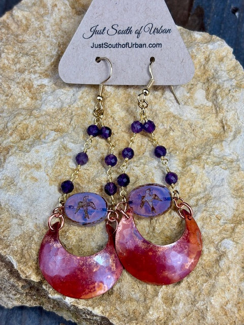 Smooth Copper Crescent Earrings with Faceted Amethyst and Czech Glass Bird Centerpiece