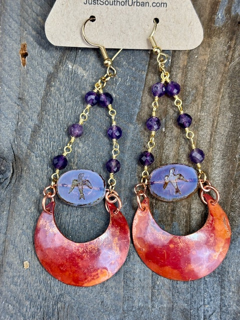 Smooth Copper Crescent Earrings with Faceted Amethyst and Czech Glass Bird Centerpiece