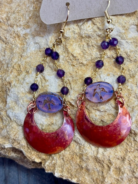 Smooth Copper Crescent Earrings with Faceted Amethyst and Czech Glass Bird Centerpiece