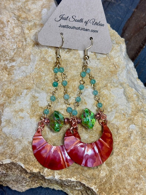 Hammered Copper Crescent Earrings with Czech Glass Green Bead and Adventurine Rosary Style Chain