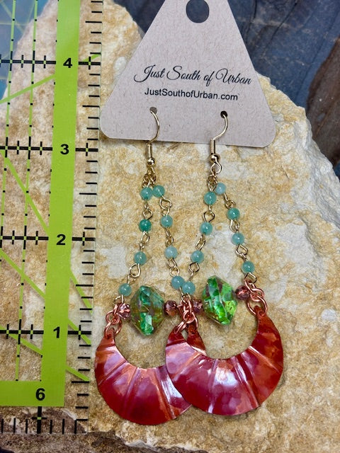 Hammered Copper Crescent Earrings with Czech Glass Green Bead and Adventurine Rosary Style Chain