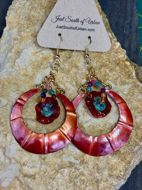 Hand Crafted Copper Earrings with Hand Blown Glass RED Florals and Faceted Gemstones