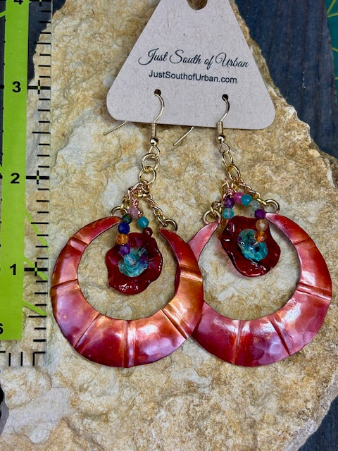 Hand Crafted Copper Earrings with Hand Blown Glass RED Florals and Faceted Gemstones