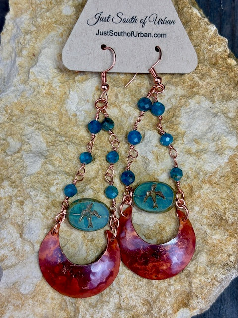 Handmade Fire Polished Hammered Copper Crescent Earrings with Impressed Bird Glass Focal Bead