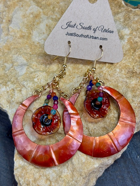 Hand Crafted Copper Crescent Earrings with ORANGE Blown Glass Florals and Faceted Gemstones