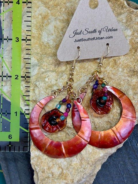 Hand Crafted Copper Crescent Earrings with ORANGE Blown Glass Florals and Faceted Gemstones