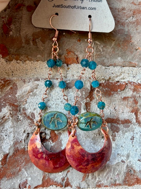 Handmade Fire Polished Hammered Copper Crescent Earrings with Impressed Bird Glass Focal Bead