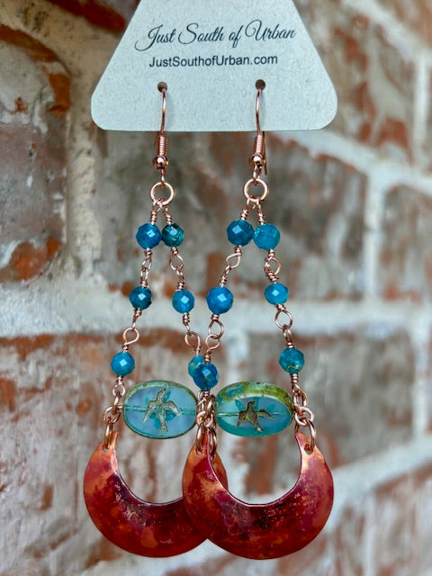 Handmade Fire Polished Hammered Copper Crescent Earrings with Impressed Bird Glass Focal Bead