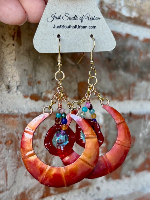 Hand Crafted Copper Earrings with Hand Blown Glass RED Florals and Faceted Gemstones