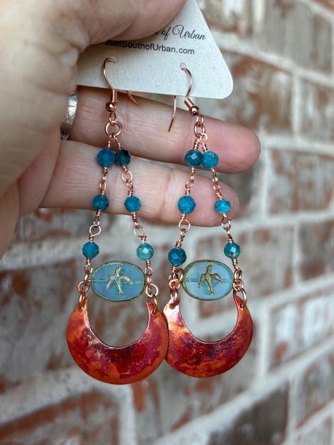 Handmade Fire Polished Hammered Copper Crescent Earrings with Impressed Bird Glass Focal Bead