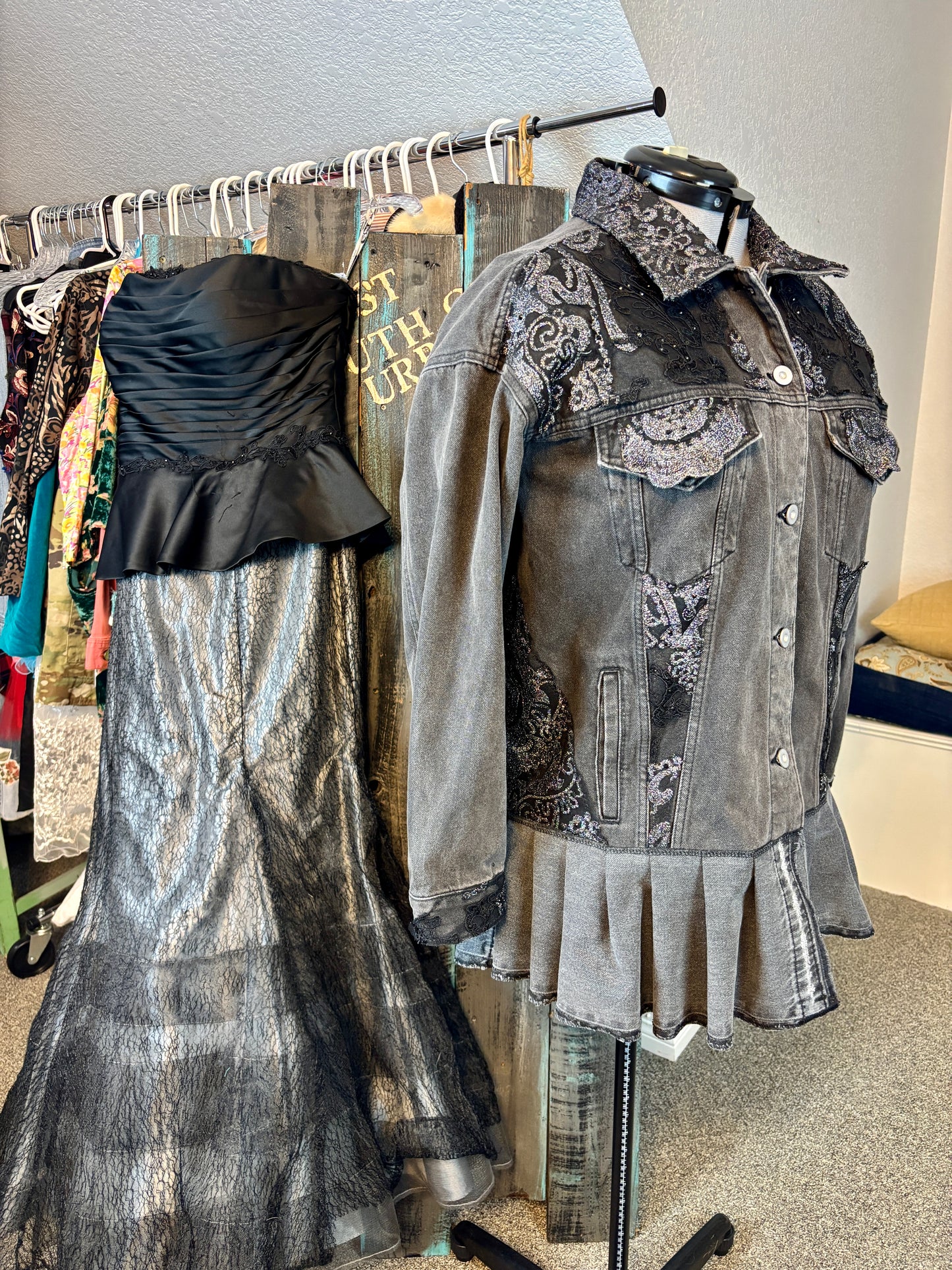 Up-Cycled Denim Jacket, Gray, Black and Silver Lace, Size Large/X-Large