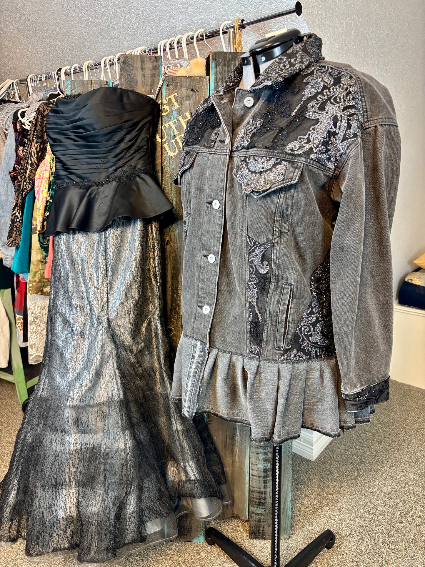 Up-Cycled Denim Jacket, Gray, Black and Silver Lace, Size Large/X-Large