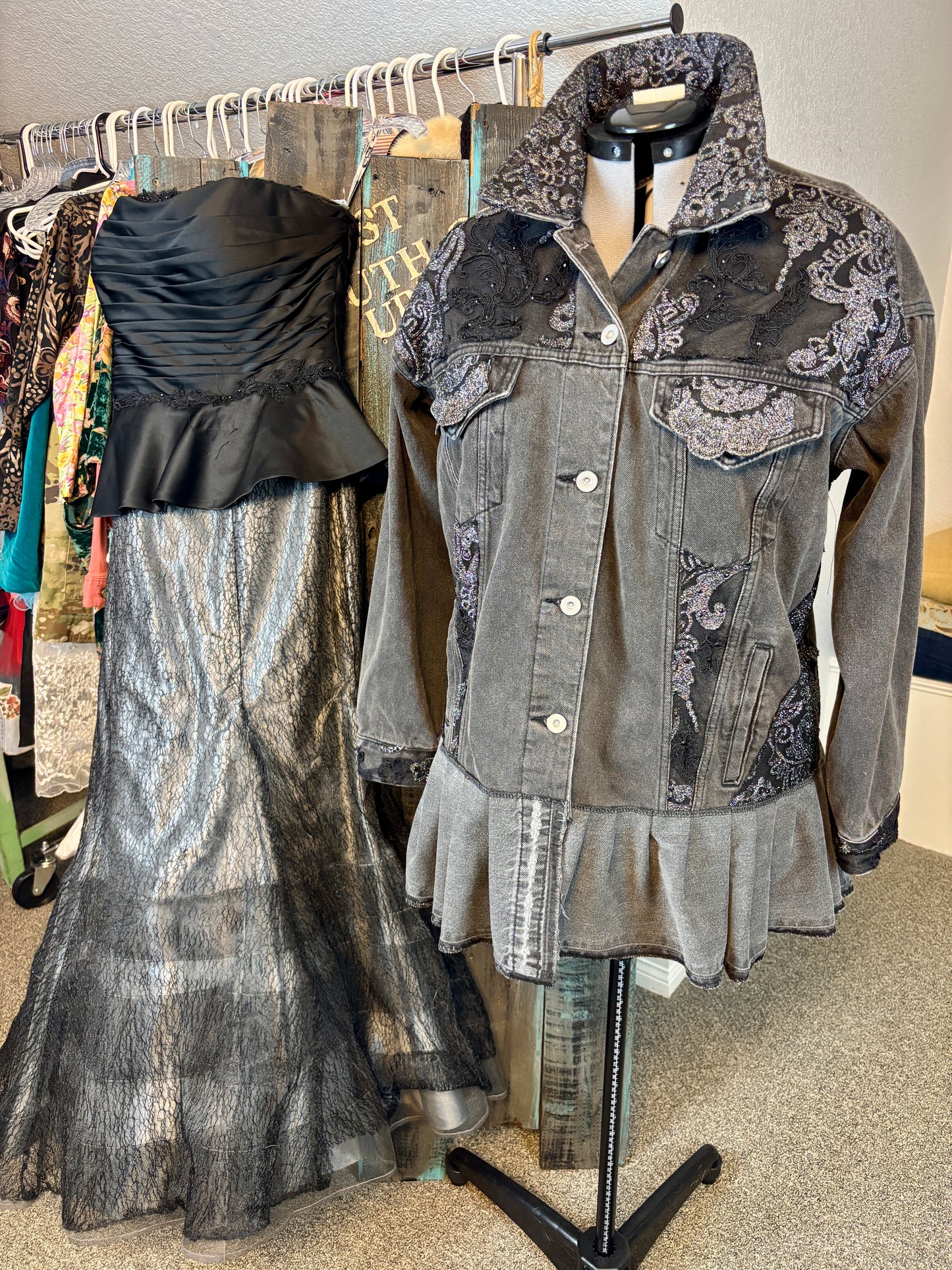 Up-Cycled Denim Jacket, Gray, Black and Silver Lace, Size Large/X-Large