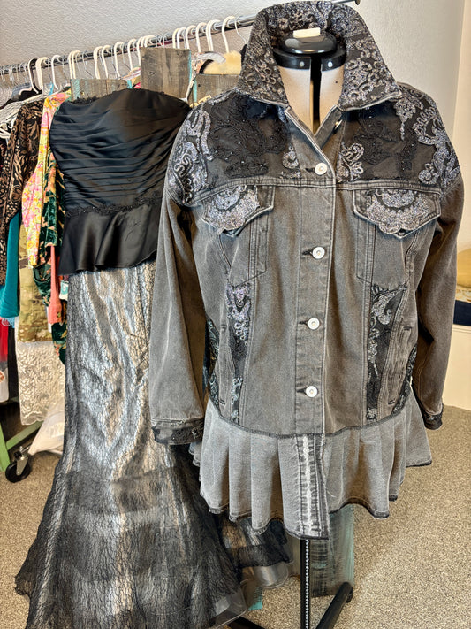 Up-Cycled Denim Jacket, Gray, Black and Silver Lace, Size Large/X-Large